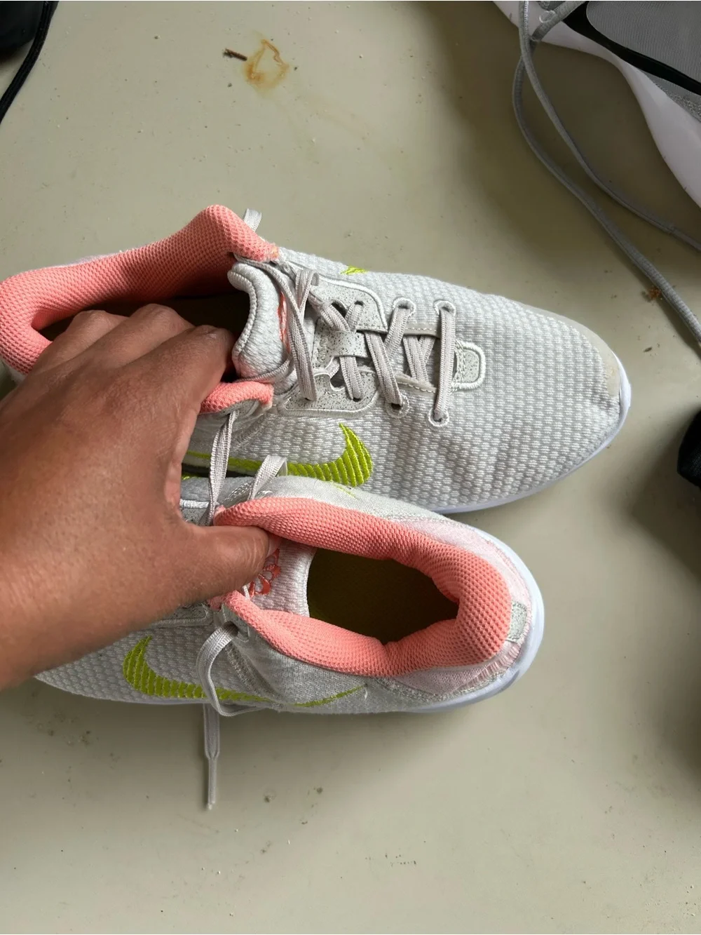 Nike Kids White Mesh Sneakers with Pink Collar and Neon Yellow Swoosh